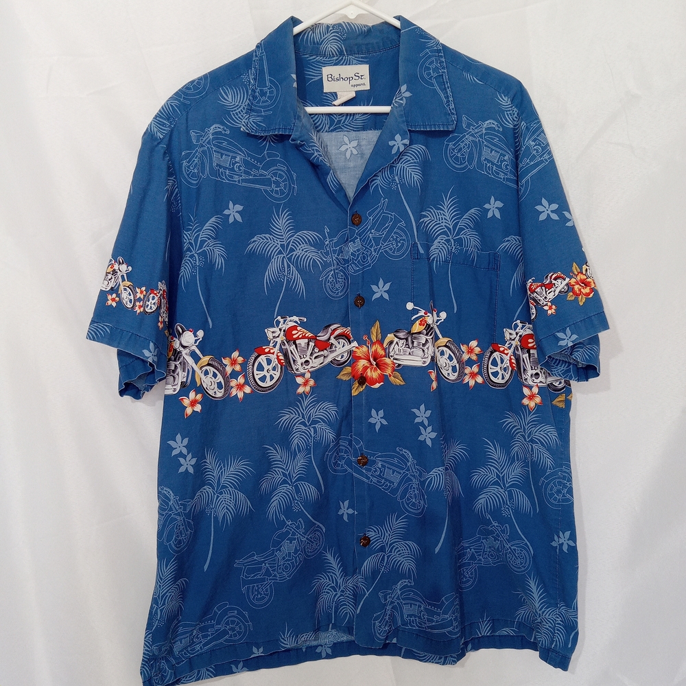Vintage Y2K Bishop St Hawaiian Shirt Mens L XL Blue Motorcycle Biker Aloha Camp